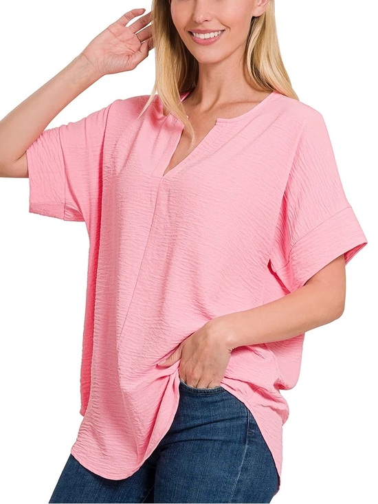 Zenana Outfitters Tops - Zenana Woven Airflow Split Neck Short Sleeve Top